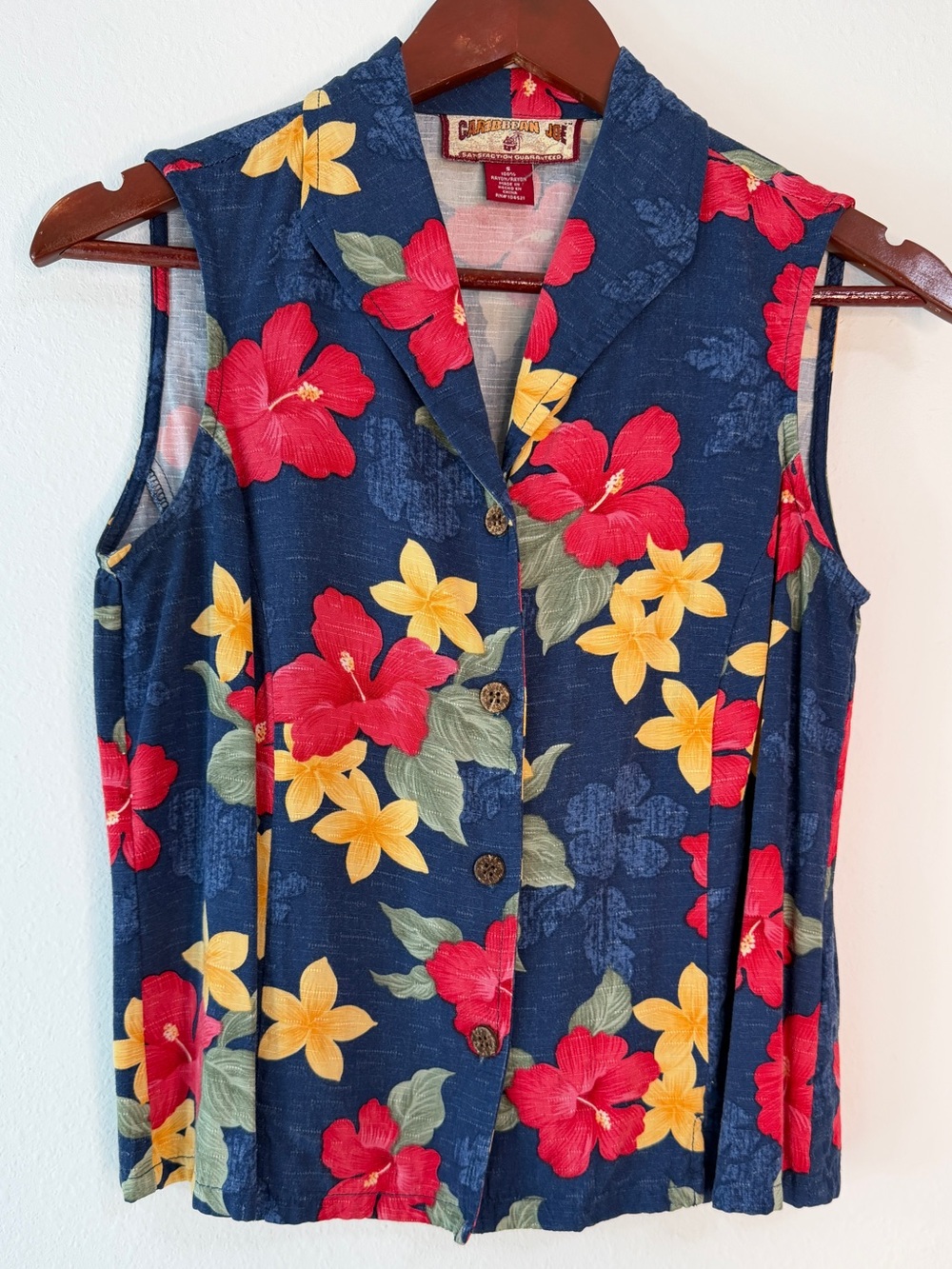 Vintage 90s Y2K Blue Tropical Floral Button Front Tank Top Small Hawaiian Summer